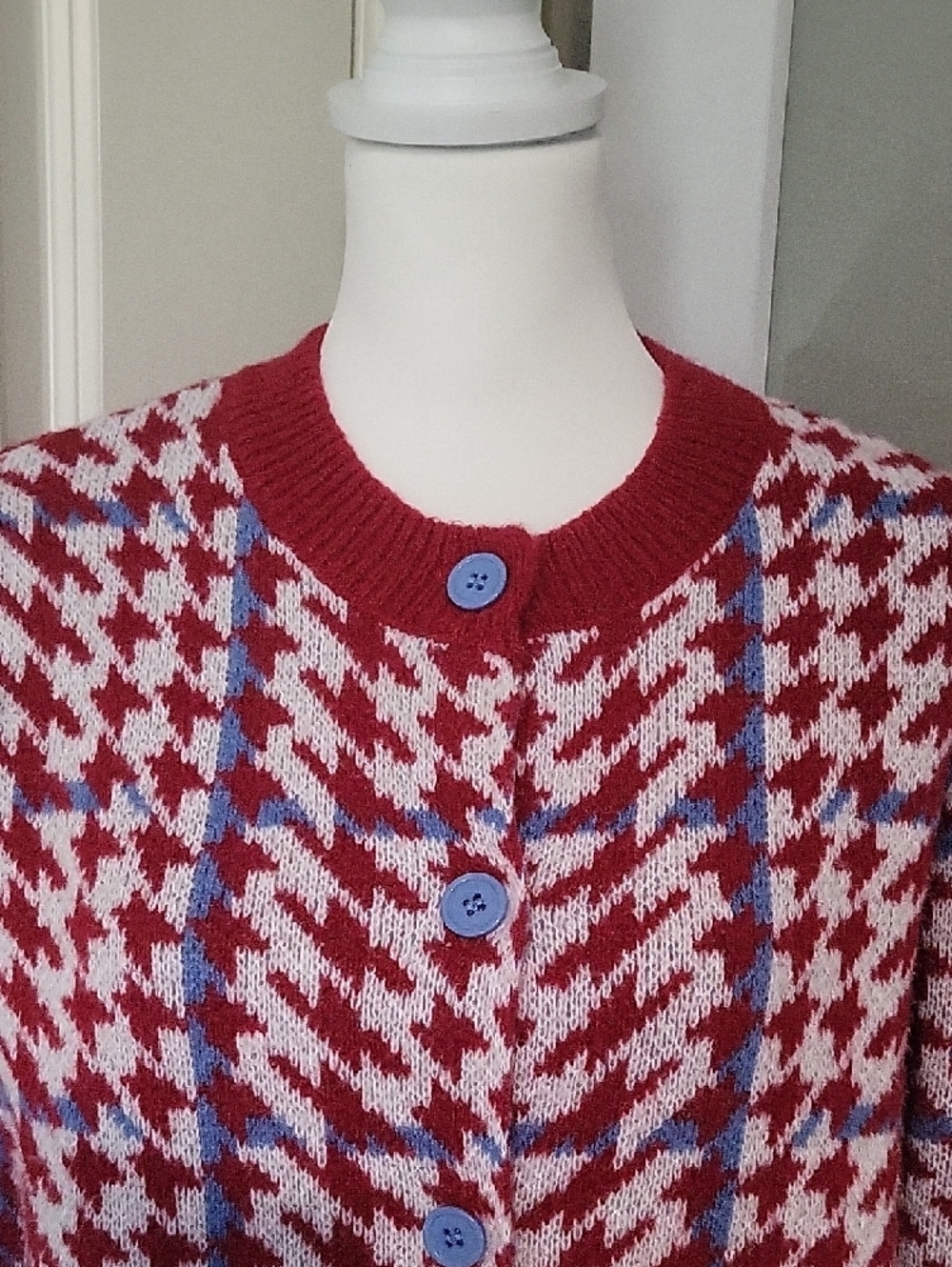 Women’s Was & Now Houndstooth Cardigan Sweater – Size Large | Red, White & Blue - Picture 4 of 10